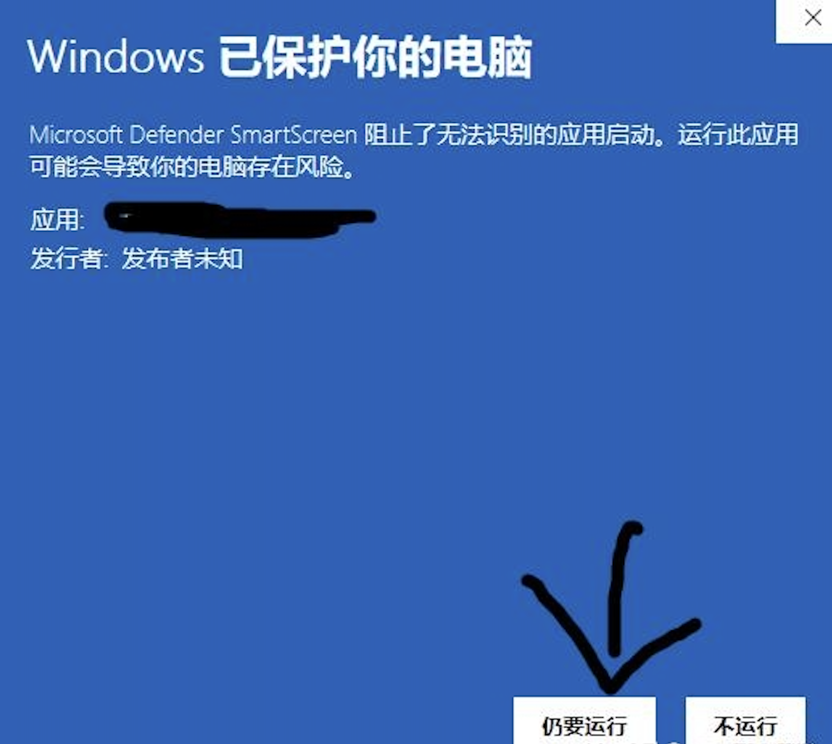 Windows SmartScreen 警告，点击「更多信息」后选择「仍要运行」